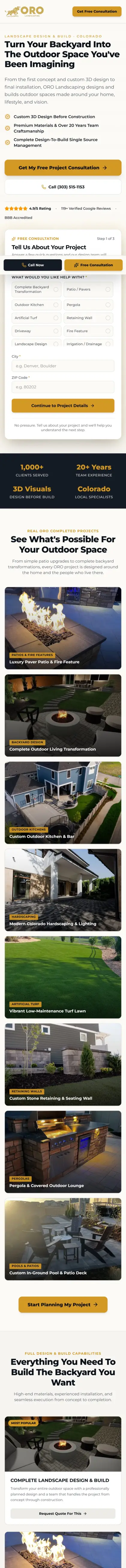 Mobile screenshot of the ORO Landscaping website built by SitesThatBook