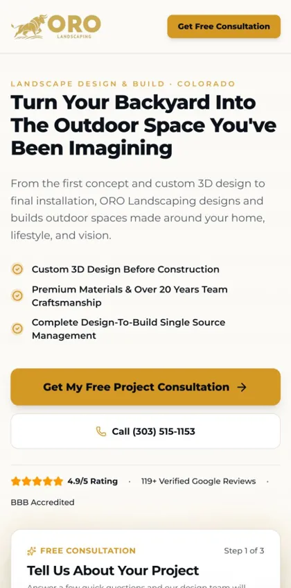 Mobile screenshot of the ORO Landscaping website built by SitesThatBook